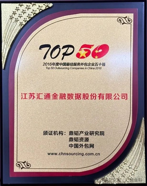 汇通金科历史今日——荣获2016年度“中国最佳服务外包企业五十强”称号